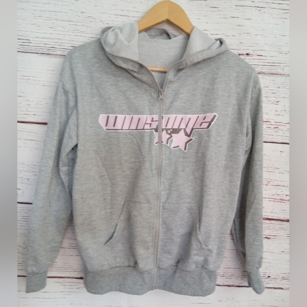 SHEIN Girls Gray Zip-Up Hoodie Size 13Y Pink Graphic Sweatshirt